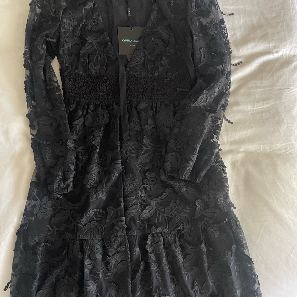 Cynthia Rowley Harlow Tie Front     V-Neck Black Floral Lace Dress